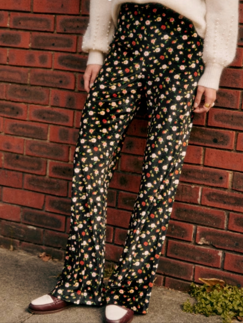 BNWT Sezane Black Floral Velvet Wide-Leg Pants